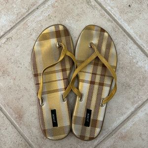 J crew yellow plaid flip flops